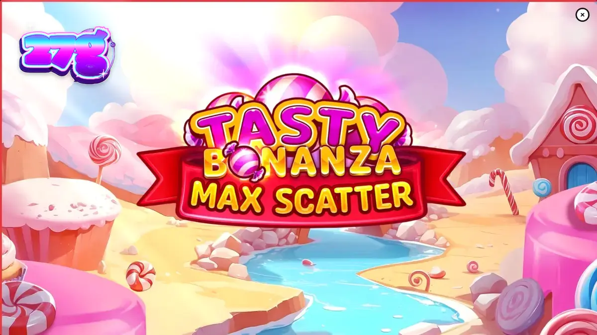 Interface colorida e vibrante do slot Tasty Bonanza Max Scatter com doces e guloseimas.