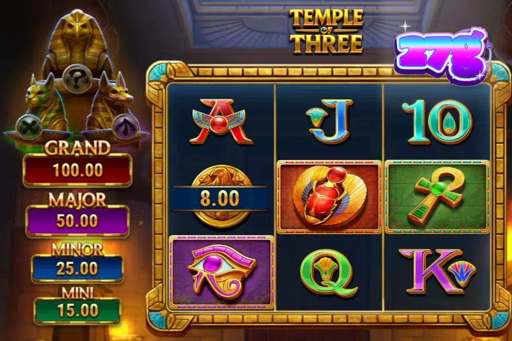 Interface do jogo de slot Temple of Three com temática egípcia